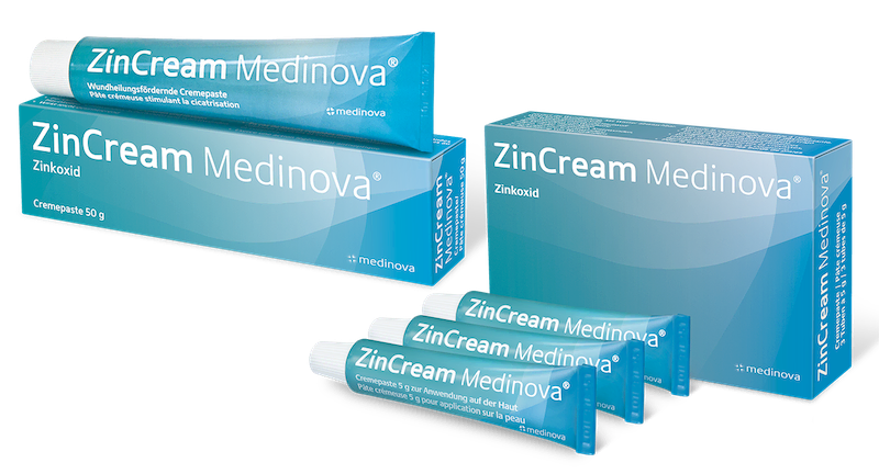 Assembled ZinCream Medinova boxes and product tubes